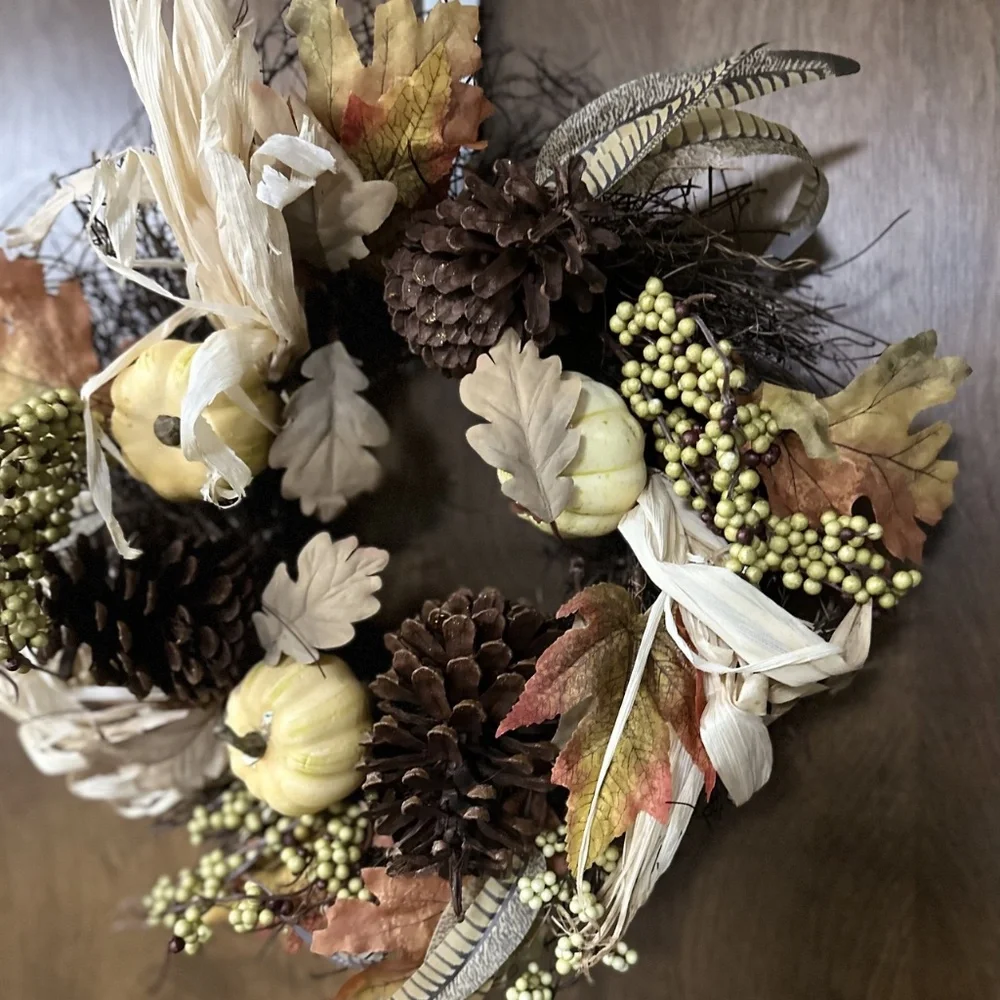 Fall Grapevine Wreath Pumpkins Leaves Corn Husk Pine Cones 18”